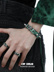 1ST XULIE "Snake Bite" Rivet Leather Cuff Bracelet in Platinum Plated - Texture Detail