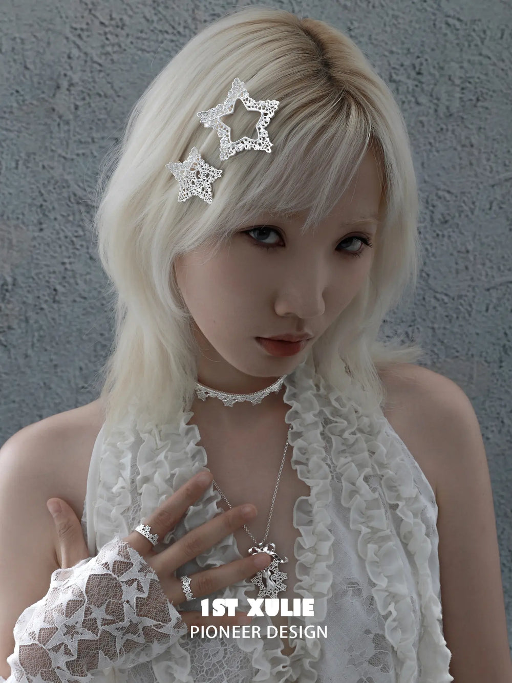 1ST XULIE Jewelry "STARLIGHT LACE" Rococo Star Hair Clip in Rhodium Plated - Detail Shot