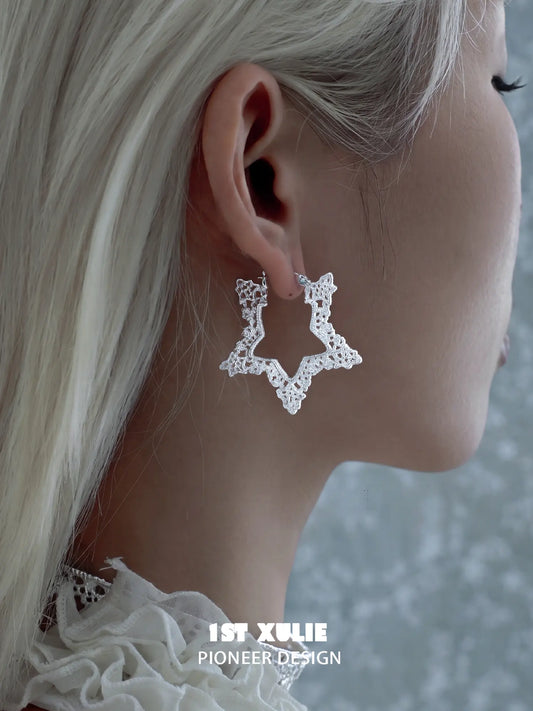 1ST XULIE Jewelry "STARLIGHT LACE" Rococo Star Statement Hoop Earrings in Platinum Plated - Angle 2