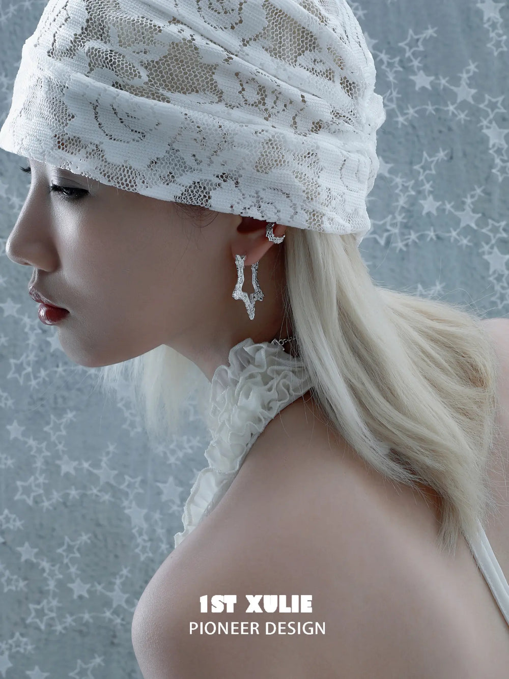 1ST XULIE Jewelry "STARLIGHT LACE" Rococo Star Statement Hoop Earrings in Platinum Plated - Detail Shot
