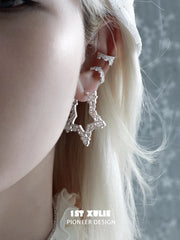 1ST XULIE Jewelry "STARLIGHT LACE" Rococo Star Statement Hoop Earrings in Platinum Plated - On Model Close Up