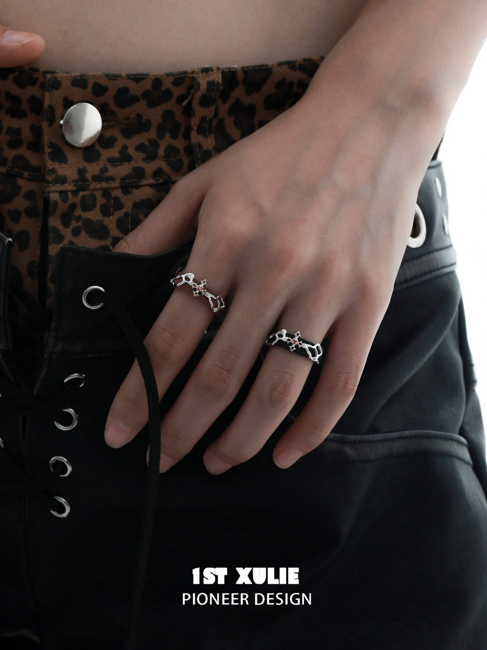 1ST XULIE "Rose Believer" Leather Tassel Ring in 925 Sterling Silver - Detail Shot