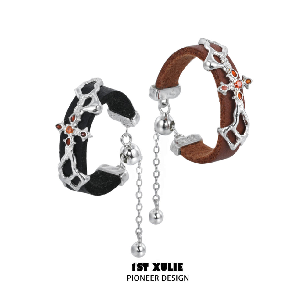 1ST XULIE "Rose Believer" Leather Tassel Ring in 925 Sterling Silver - Product View