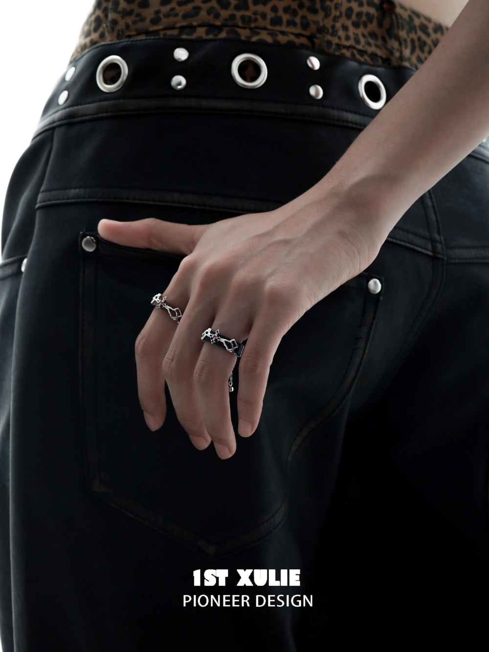1ST XULIE "Rose Believer" Leather Tassel Ring in 925 Sterling Silver - On Model Close-Up