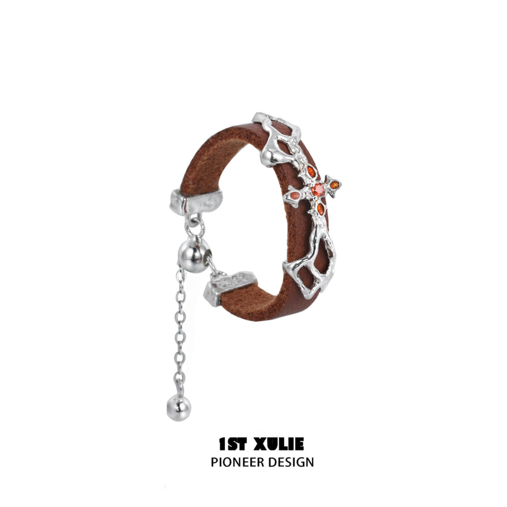 1ST XULIE "Rose Believer" Leather Tassel Ring in 925 Sterling Silver - Side View