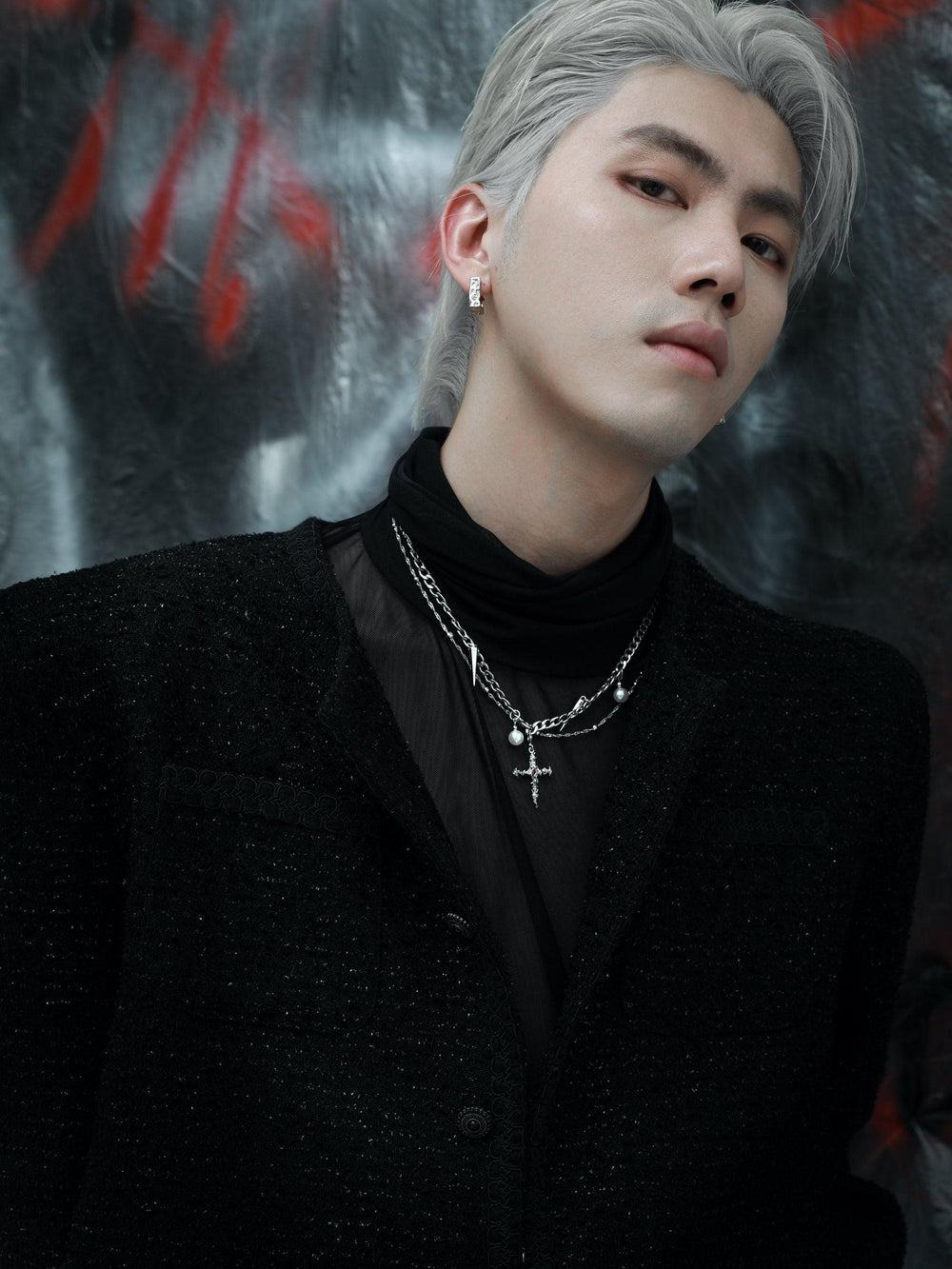 1ST XULIE "Rose Believer" Statement Layered Rose Cross Pearl Necklace in Platinum Plated - Side View