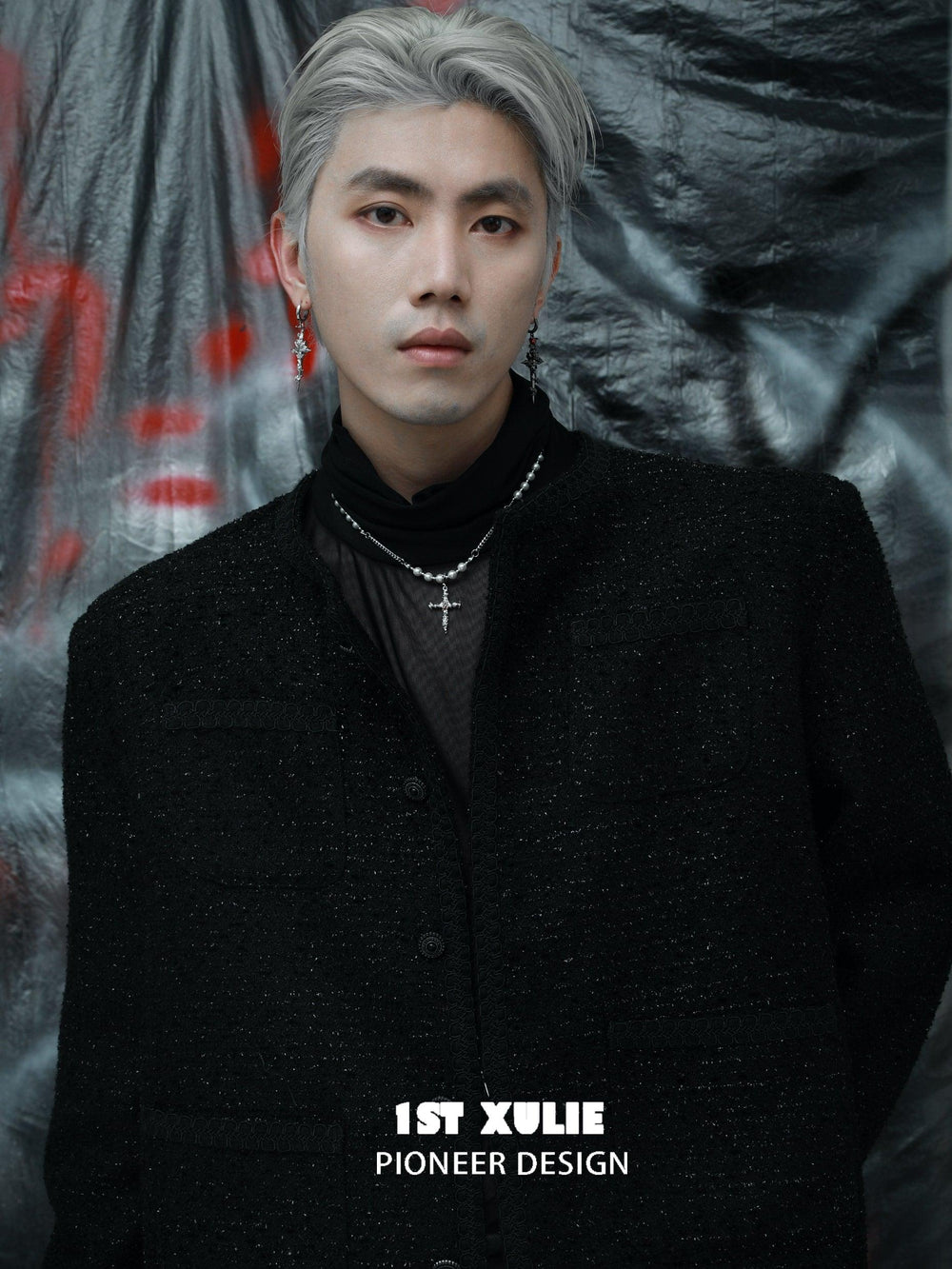 1ST XULIE "Rose Believer" Statement Layered Rose Cross Pearl Necklace in Platinum Plated - Detail Shot