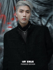 1ST XULIE "Rose Believer" Statement Layered Rose Cross Pearl Necklace in Platinum Plated - Detail Shot