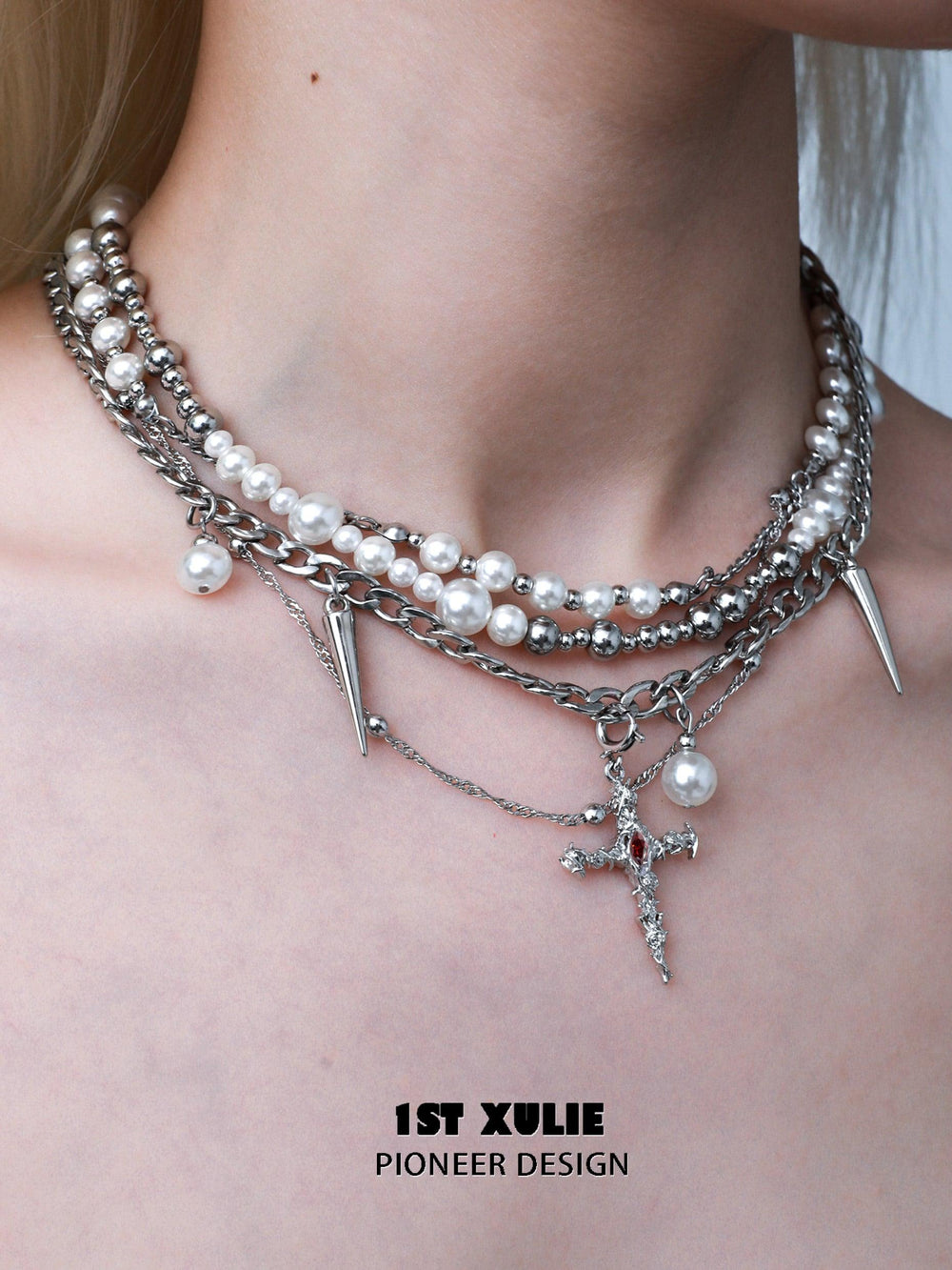 1ST XULIE "Rose Believer" Statement Layered Rose Cross Pearl Necklace in Platinum Plated - Lifestyle Shot