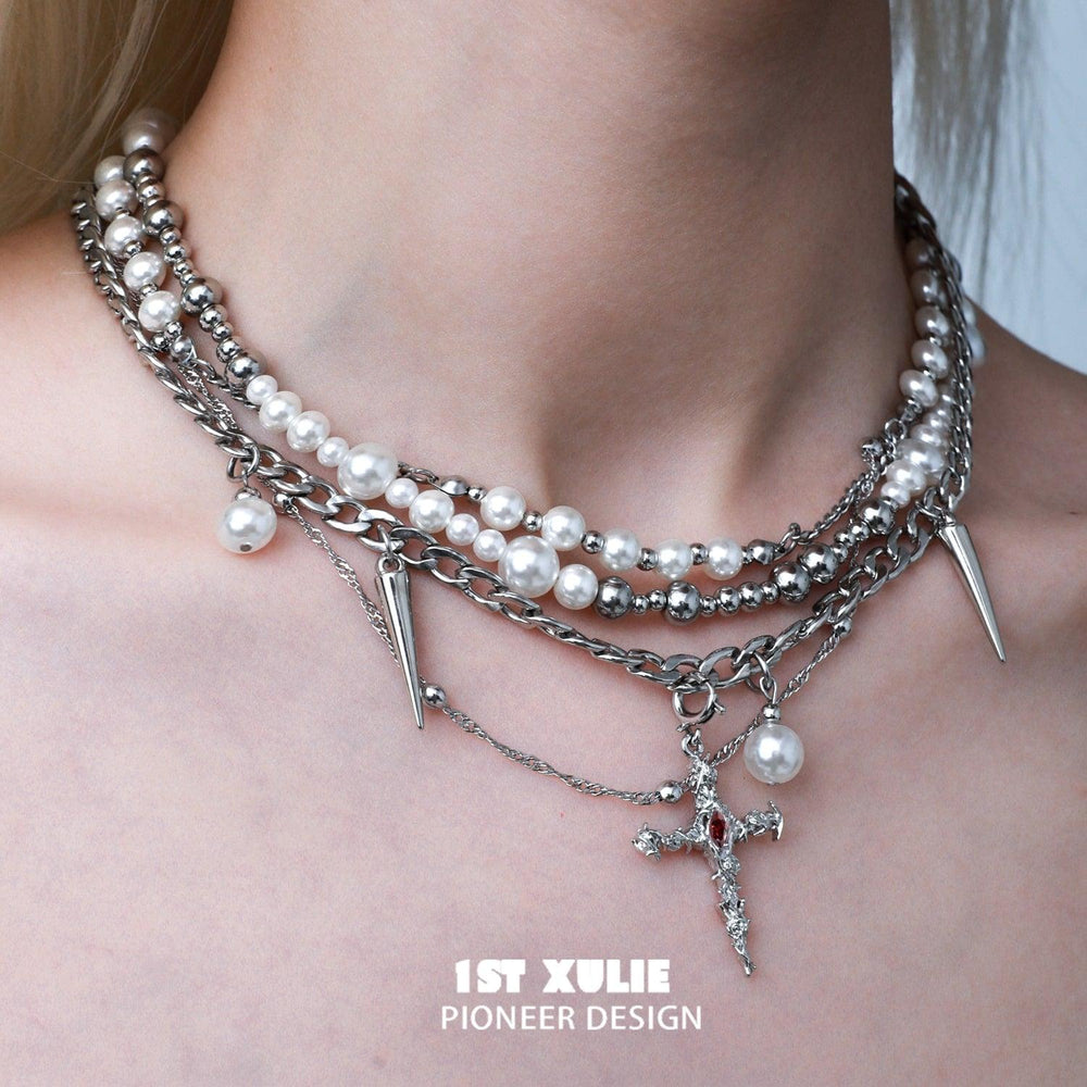 1ST XULIE "Rose Believer" Statement Layered Rose Cross Pearl Necklace in Platinum Plated - Product View