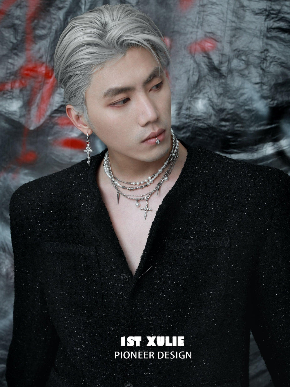 1ST XULIE "Rose Believer" Statement Layered Rose Cross Pearl Necklace in Platinum Plated - On Model