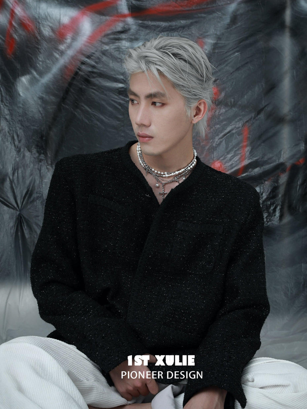 1ST XULIE "Rose Believer" Statement Layered Rose Cross Pearl Necklace in Platinum Plated - On Model Close Up