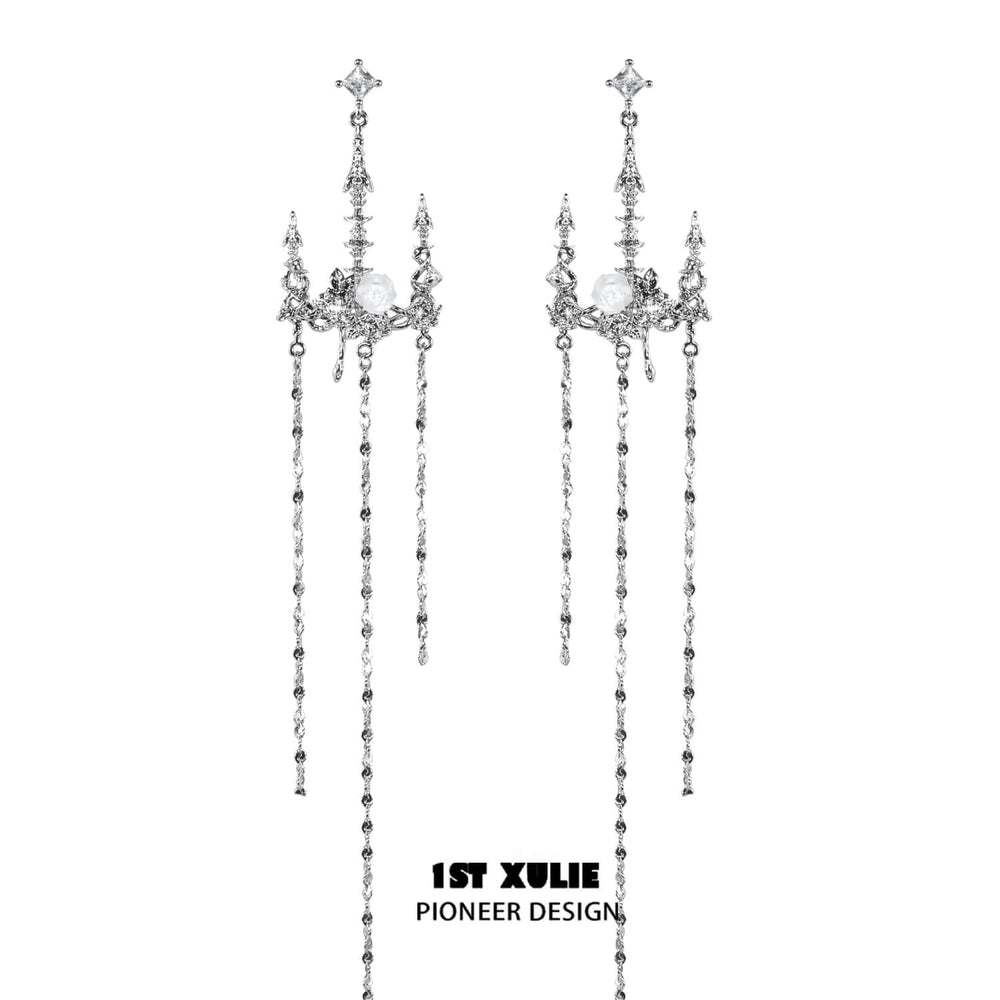 1ST XULIE "Crystal Palace" Long Dangle Rose Shell Chandelier Earrings in Platinum Plated - Product View