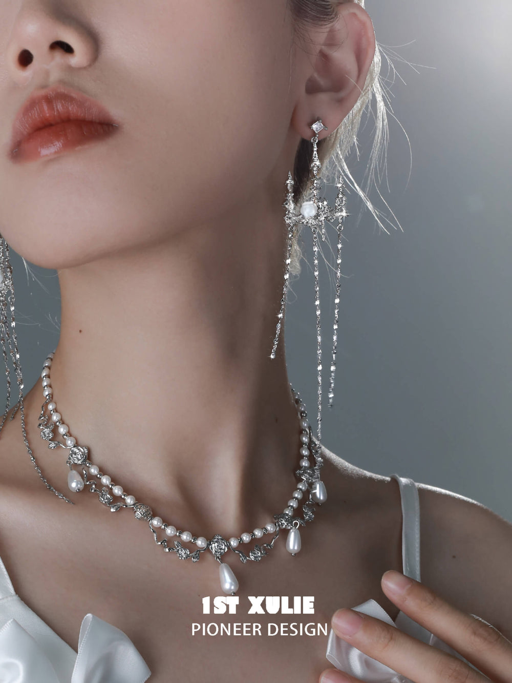 1ST XULIE "Crystal Palace" Long Dangle Rose Shell Chandelier Earrings in Platinum Plated - On Model
