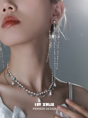 1ST XULIE "Crystal Palace" Long Dangle Rose Shell Chandelier Earrings in Platinum Plated - On Model