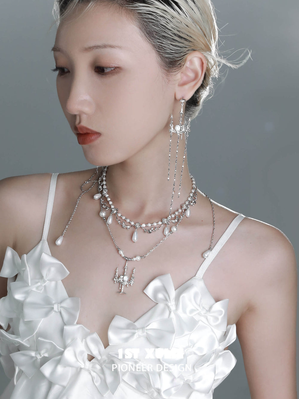 1ST XULIE "Crystal Palace" Long Dangle Rose Shell Chandelier Earrings in Platinum Plated - On Model Close-Up