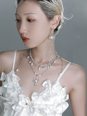 1ST XULIE "Crystal Palace" Long Dangle Rose Shell Chandelier Earrings in Platinum Plated - On Model Close-Up
