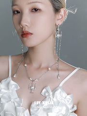 1ST XULIE "Crystal Palace" Long Dangle Rose Shell Chandelier Earrings in Platinum Plated - Texture Detail