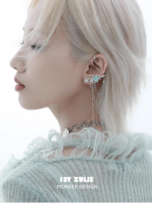 1ST XULIE "Taboo Rose" Asymmetrical Knitted Rose Tassel No-Piercing Ear Wraps in Platinum Plated - Product View