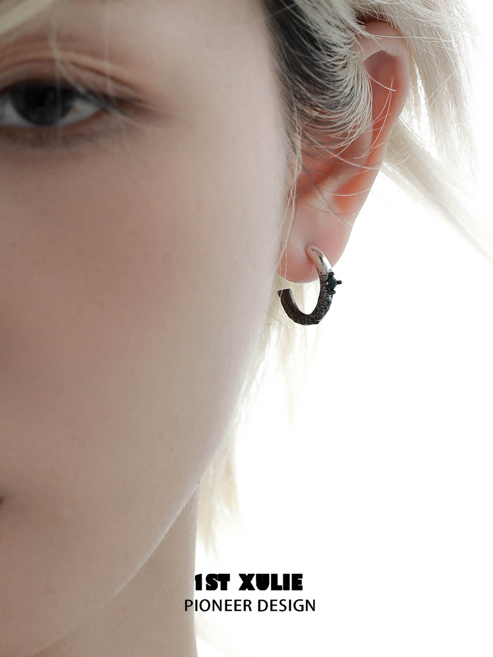1ST XULIE "Scorch" Gradient Pavé Huggie Hoop Earrings in Platinum Plated - Lifestyle Shot