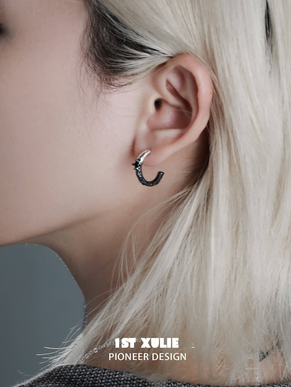 1ST XULIE "Scorch" Gradient Pavé Huggie Hoop Earrings in Platinum Plated - On Model Close-up