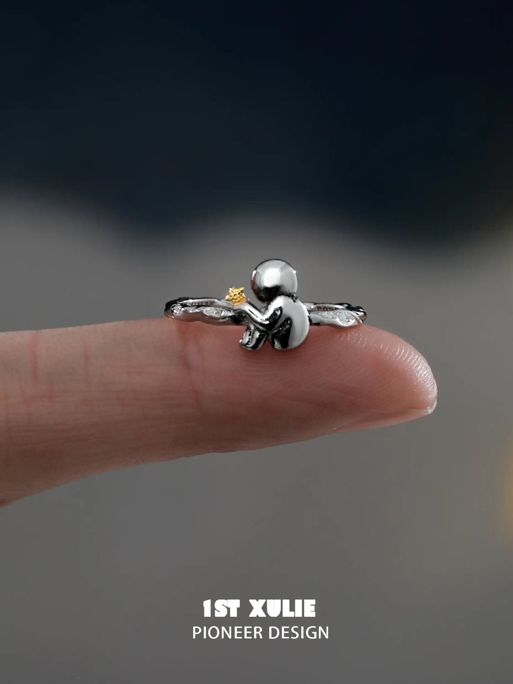 1ST XULIE "Cat's Gaze" Sculptural Lonely Cat Head Adjustable Open Ring in 925 Sterling Silver - Side View