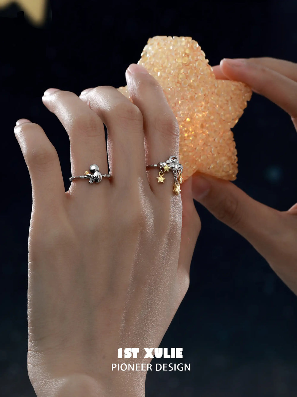 1ST XULIE "Cat's Gaze" Sculptural Lonely Cat Head Adjustable Open Ring in 925 Sterling Silver - Lifestyle Shot