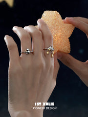 1ST XULIE "Cat's Gaze" Sculptural Lonely Cat Head Adjustable Open Ring in 925 Sterling Silver - Lifestyle Shot