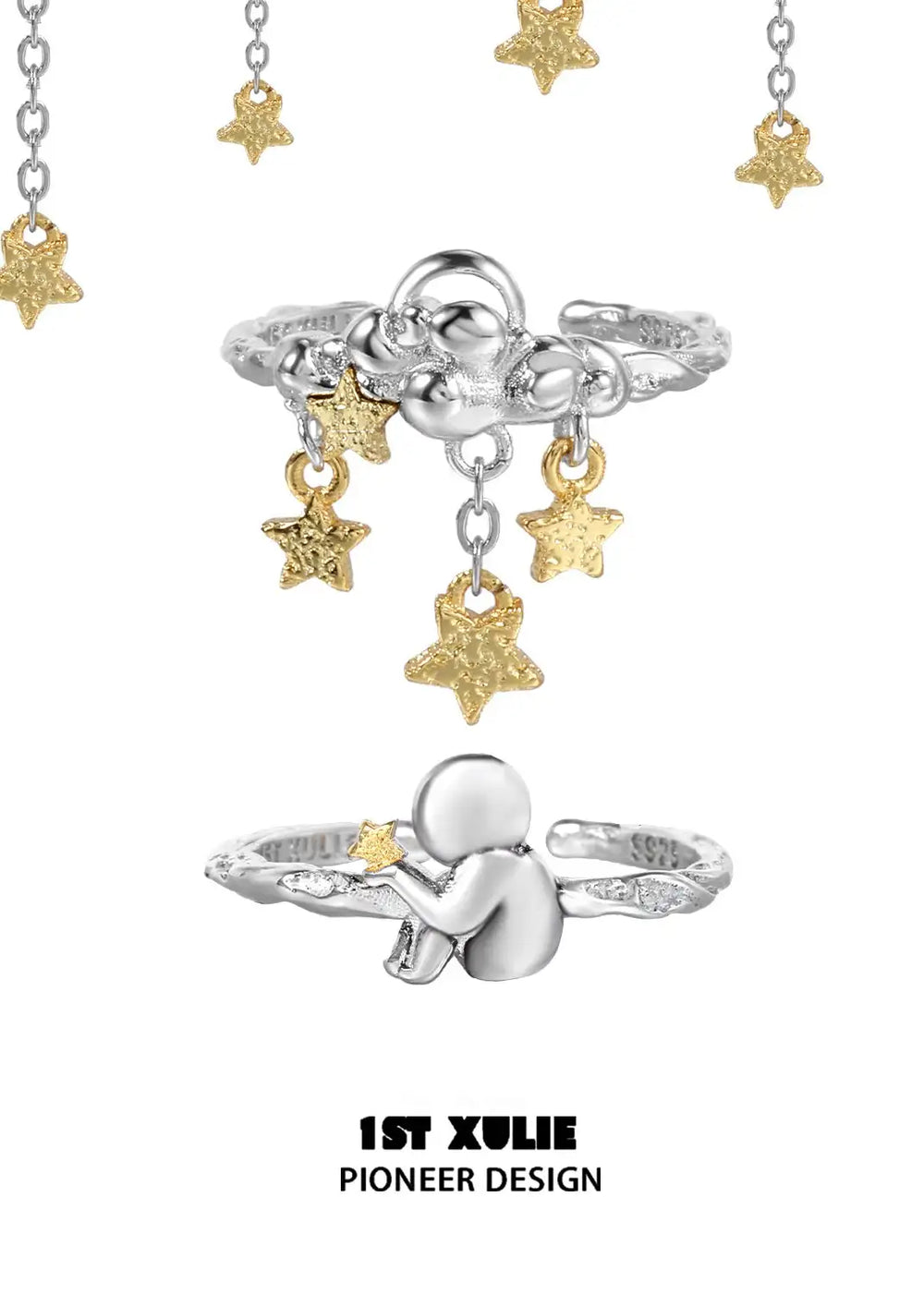 1ST XULIE "Cat's Gaze" Sculptural Lonely Cat Head Adjustable Open Ring in 925 Sterling Silver - Product View