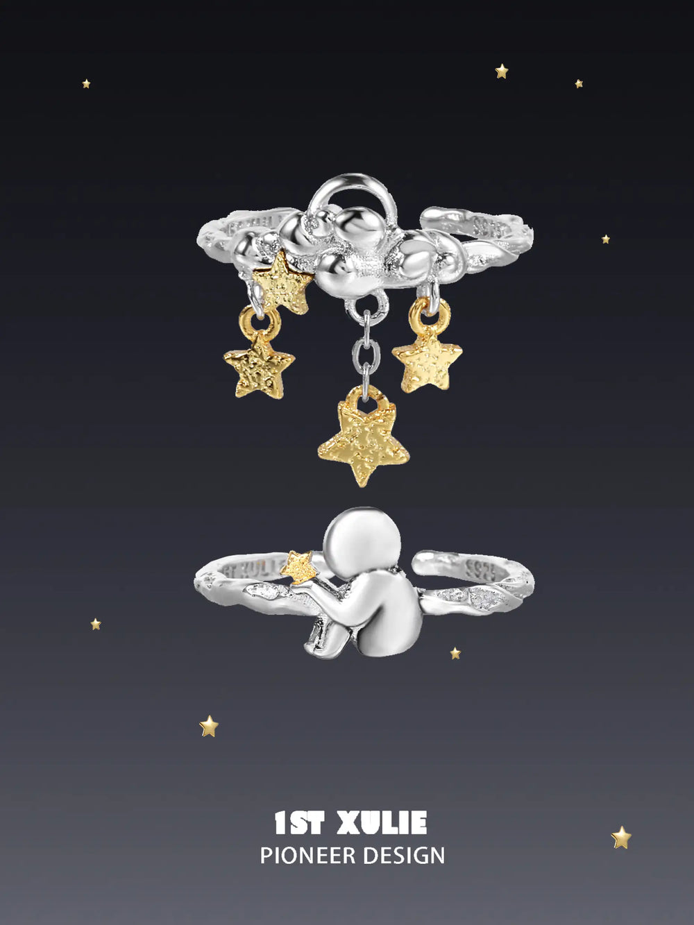 1ST XULIE "Cat's Gaze" Sculptural Lonely Cat Head Adjustable Open Ring in 925 Sterling Silver - Packaging View