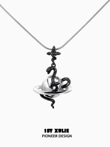 1ST XULIE "Snake Bite" Statement Entwined Serpent Layered Necklace in Platinum & Black Gold Plate - Pendant Detail Shot
