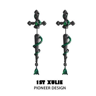 1ST XULIE "Slytherin House" Gothic Serpent Sword Statement Dangle Earrings in Platinum Plated - Lifestyle Shot