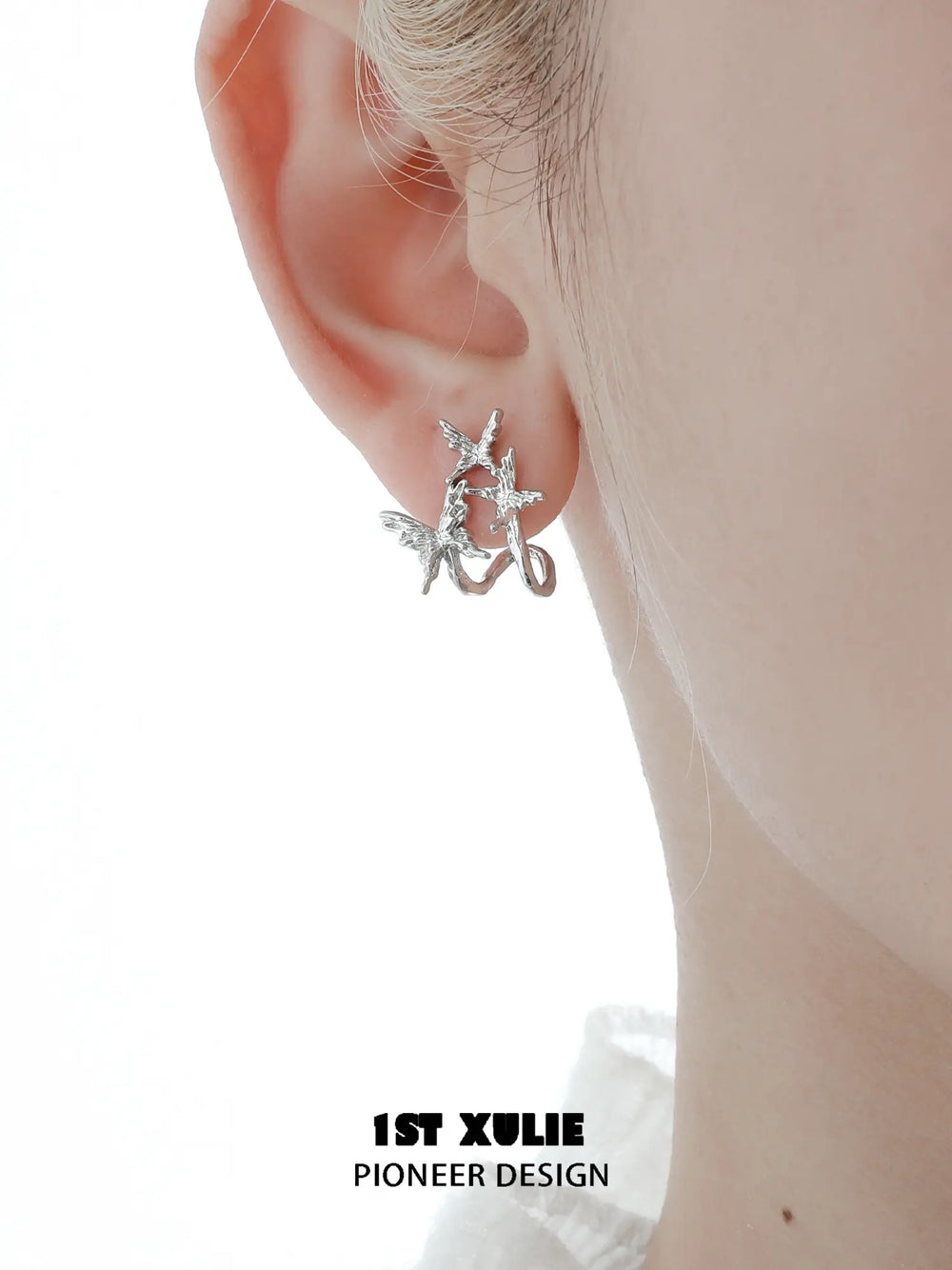 1ST XULIE Jewelry "Whiterfly" Shattered Butterfly Statement Stud Earrings in Platinum Plated - Angle View