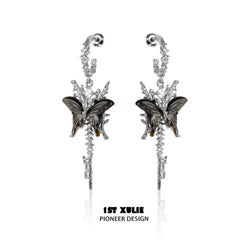 1ST XULIE "Whiterfly" Asymmetrical Shell Butterfly & Bone Dangle Earrings in 925 Sterling Silver - Angled Product View