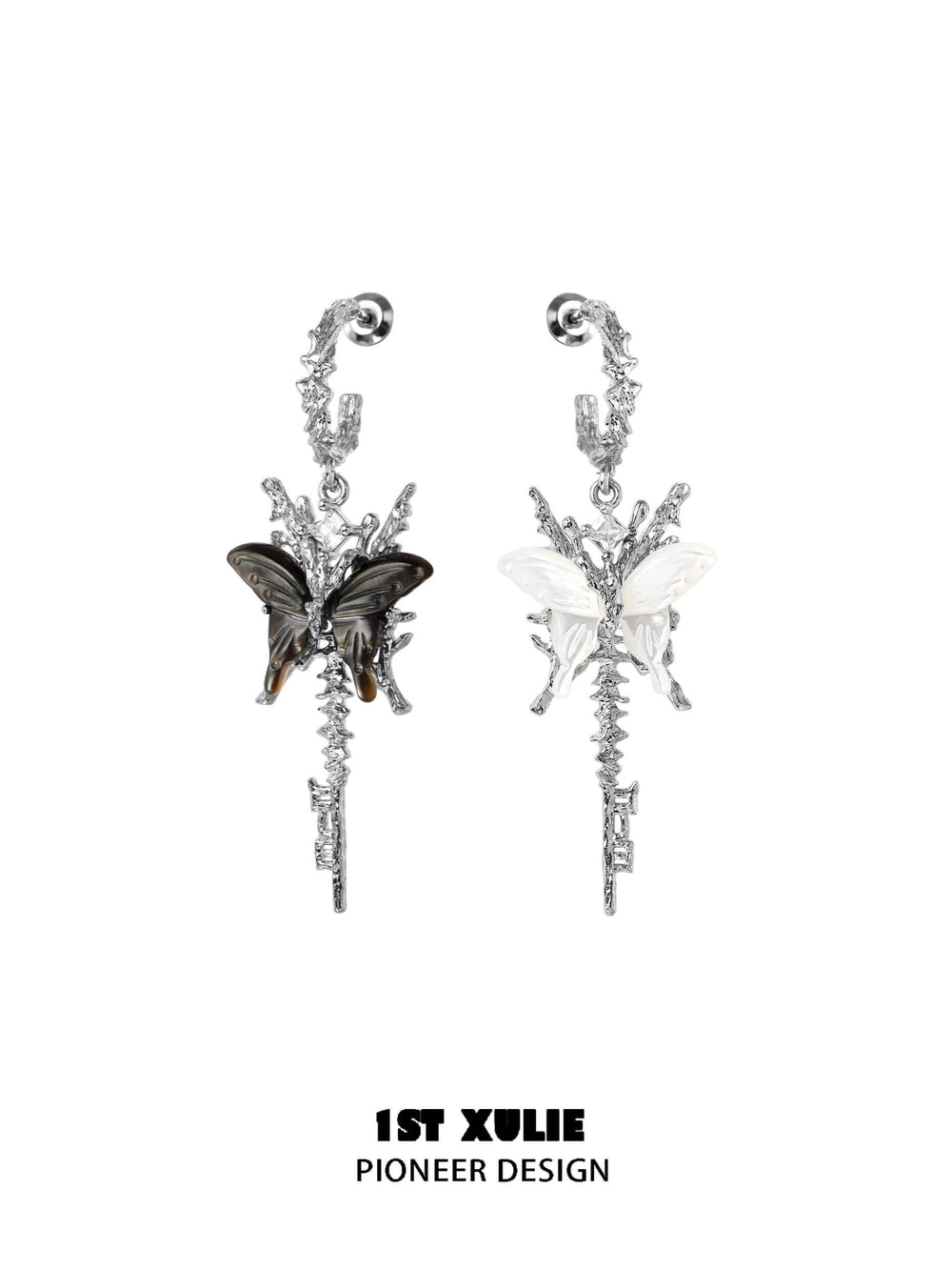 1ST XULIE "Whiterfly" Asymmetrical Shell Butterfly & Bone Dangle Earrings in 925 Sterling Silver - Butterfly Detail Shot