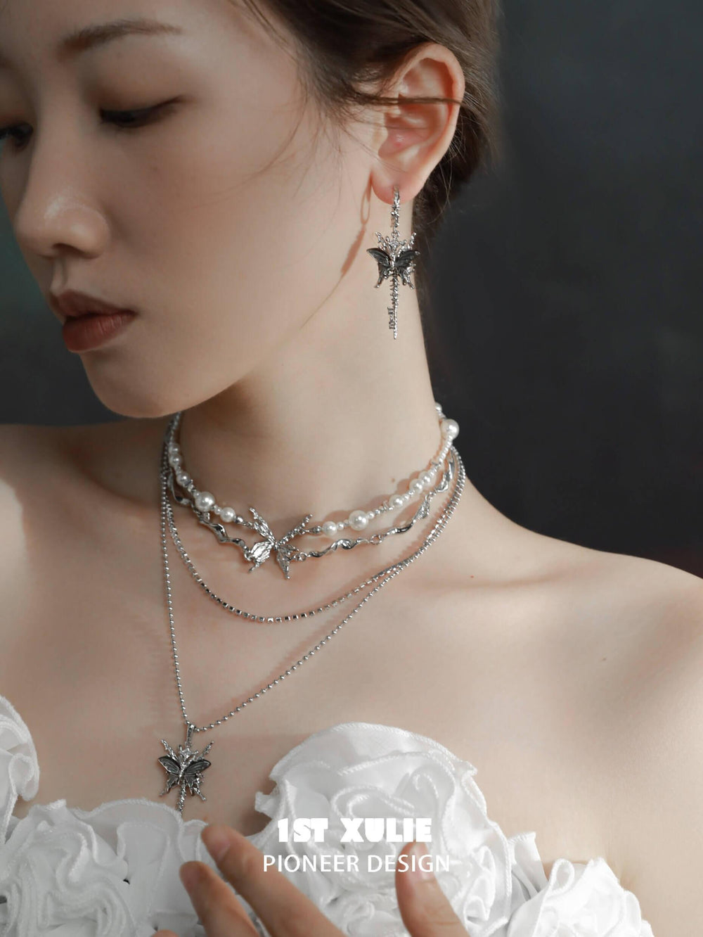 1ST XULIE "Whiterfly" Asymmetrical Shell Butterfly & Bone Dangle Earrings in 925 Sterling Silver - On Model Side View