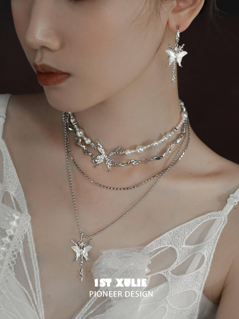 1ST XULIE "Whiterfly" Asymmetrical Shell Butterfly & Bone Dangle Earrings in 925 Sterling Silver - Full Pair View