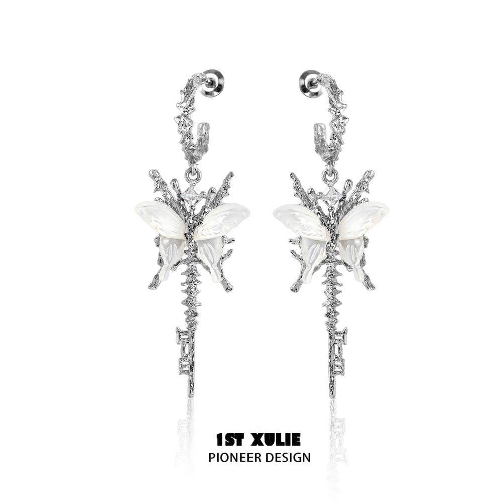 1ST XULIE "Whiterfly" Asymmetrical Shell Butterfly & Bone Dangle Earrings in 925 Sterling Silver - Size Comparison