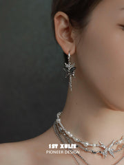 1ST XULIE "Whiterfly" Asymmetrical Shell Butterfly & Bone Dangle Earrings in 925 Sterling Silver - Skeleton Key Detail Shot