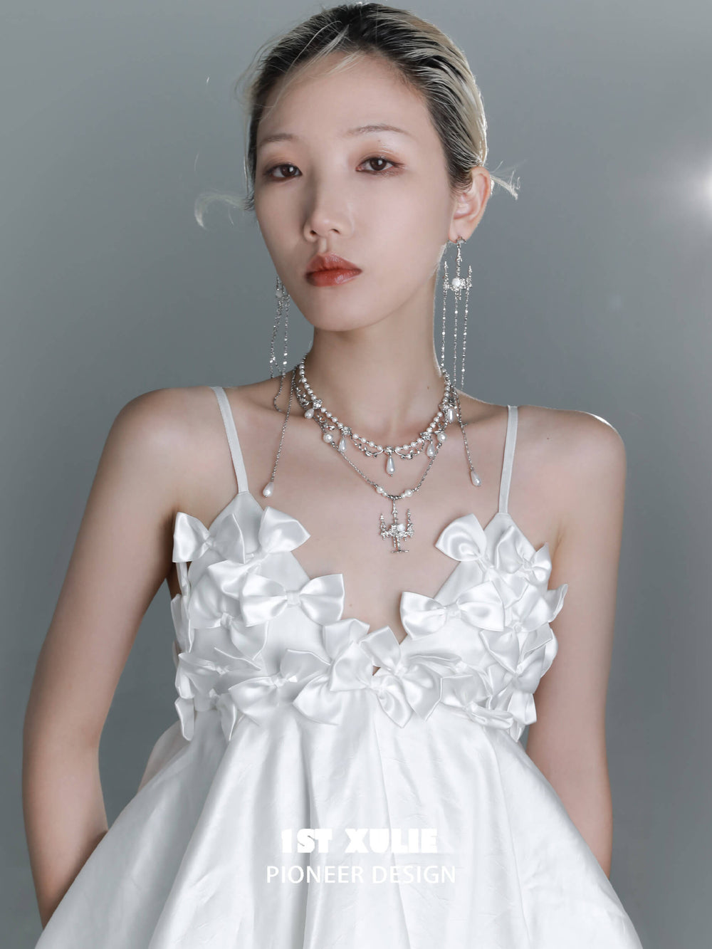 1ST XULIE "Crystal Palace" Statement Shell & Pearl Chandelier Choker Necklace in Platinum Plated - Side View