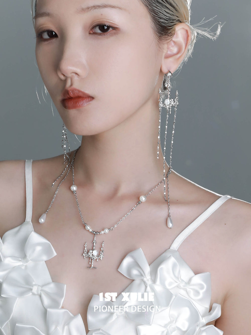 1ST XULIE "Crystal Palace" Statement Shell & Pearl Chandelier Choker Necklace in Platinum Plated - Lifestyle Shot