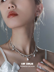 1ST XULIE "Crystal Palace" Statement Shell & Pearl Chandelier Choker Necklace in Platinum Plated - Product View