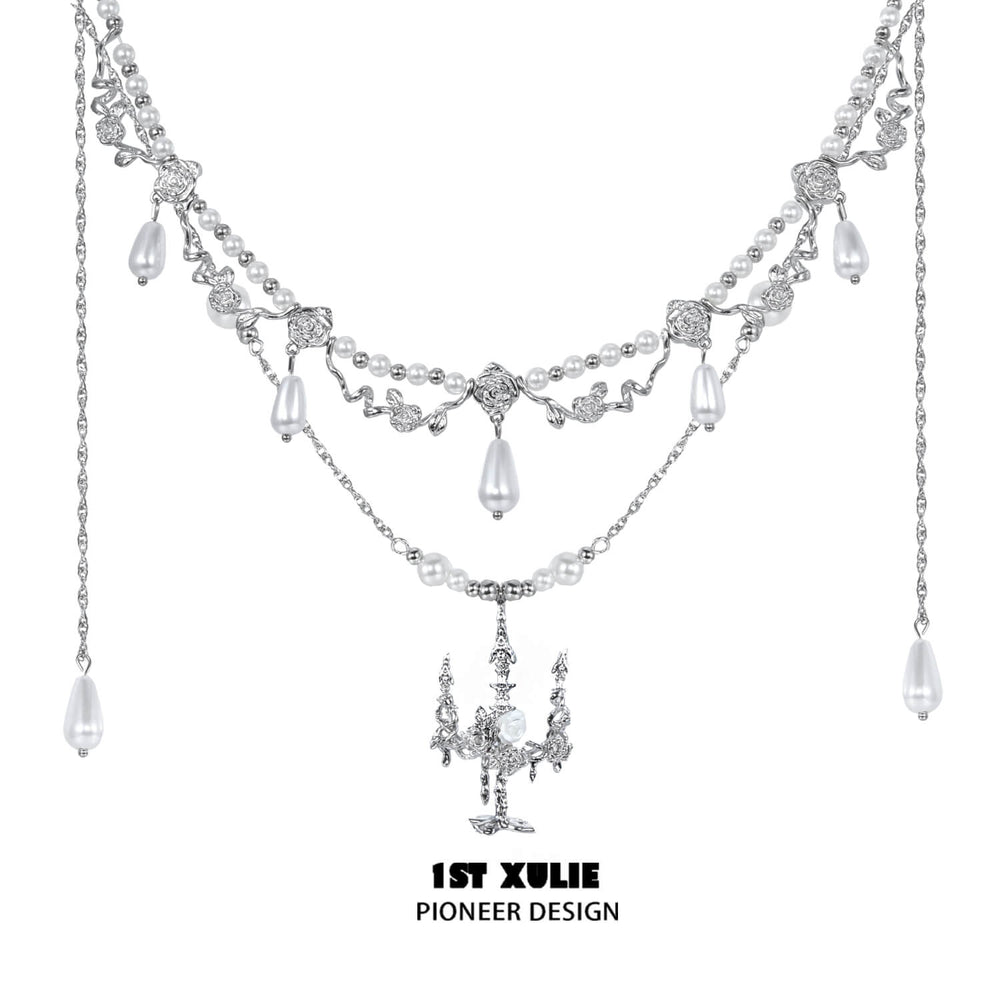 1ST XULIE "Crystal Palace" Statement Shell & Pearl Chandelier Choker Necklace in Platinum Plated - On Model