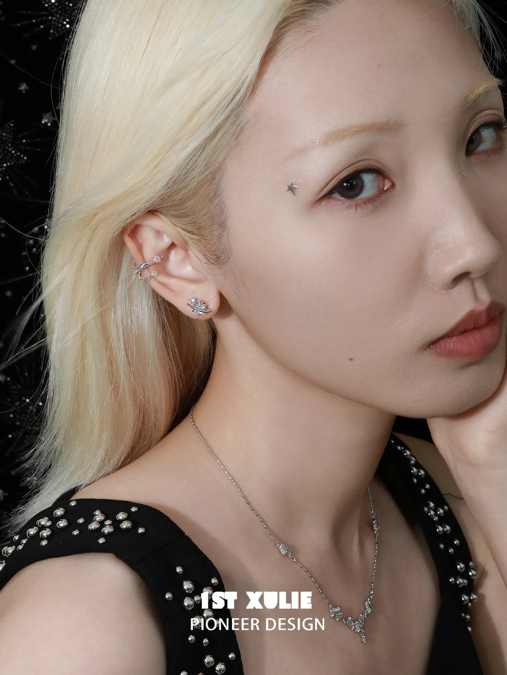 1ST XULIE "Meteor" Pave Zirconia Shooting Star Climber Ear Cuffs in 925 Sterling Silver - Lifestyle Shot