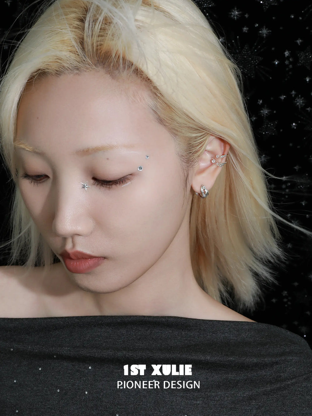 1ST XULIE "Meteor" Pave Zirconia Shooting Star Climber Ear Cuffs in 925 Sterling Silver - On Model Close Up