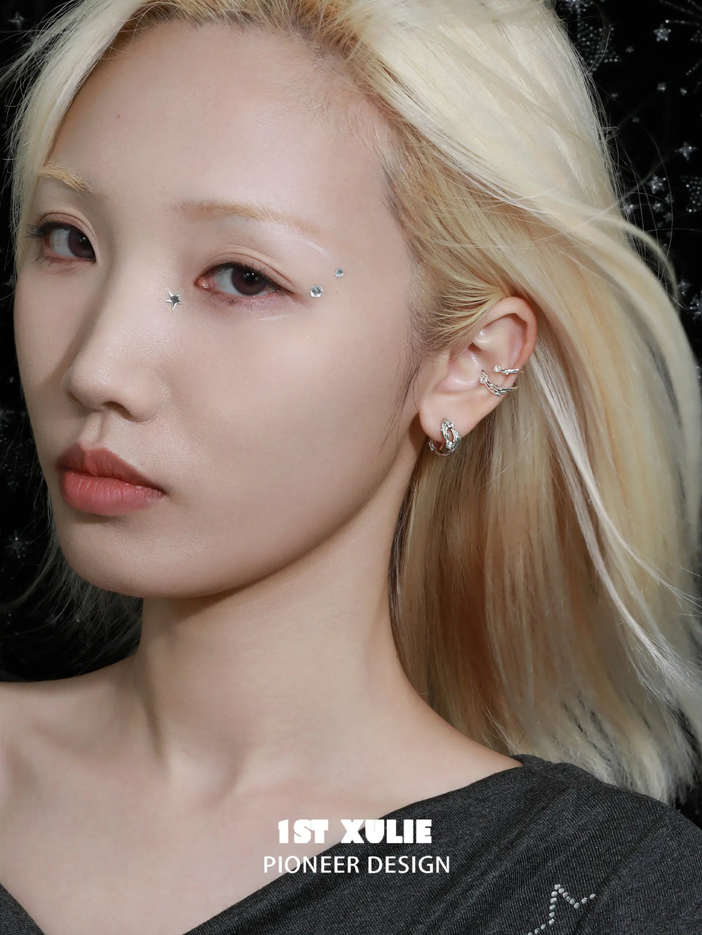 1ST XULIE "Meteor" Pave Zirconia Shooting Star Climber Ear Cuffs in 925 Sterling Silver - Texture Shot