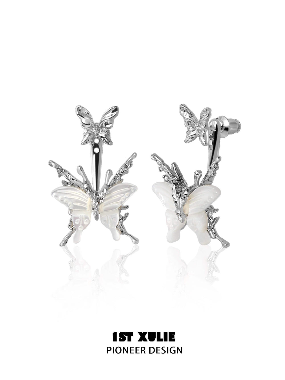 1ST XULIE "Whiterfly" Skeletal Shell Earrings in Platinum Plated 925 Silver - Angled View