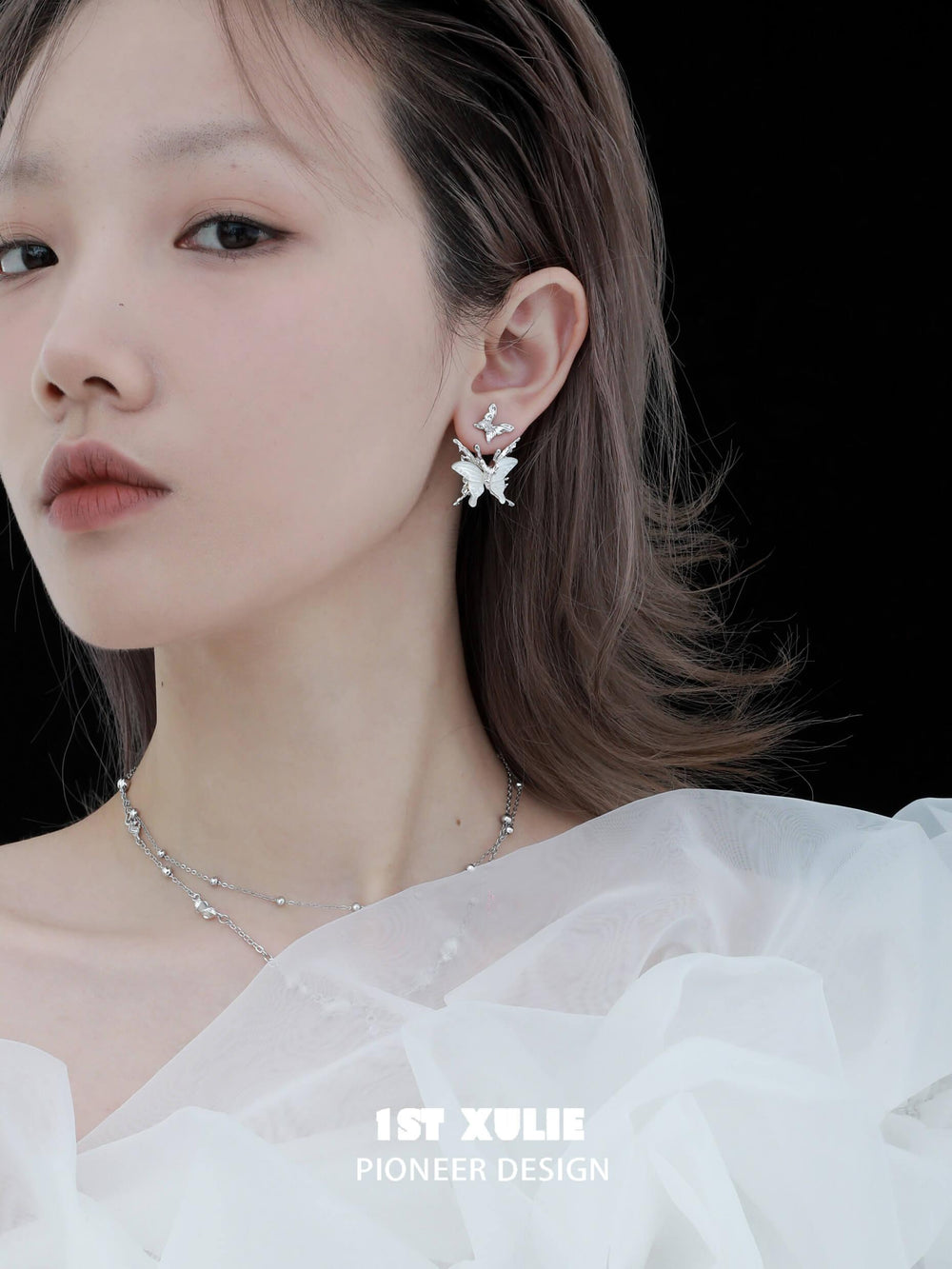 1ST XULIE "Whiterfly" Skeletal Shell Earrings in Platinum Plated 925 Silver - Side View