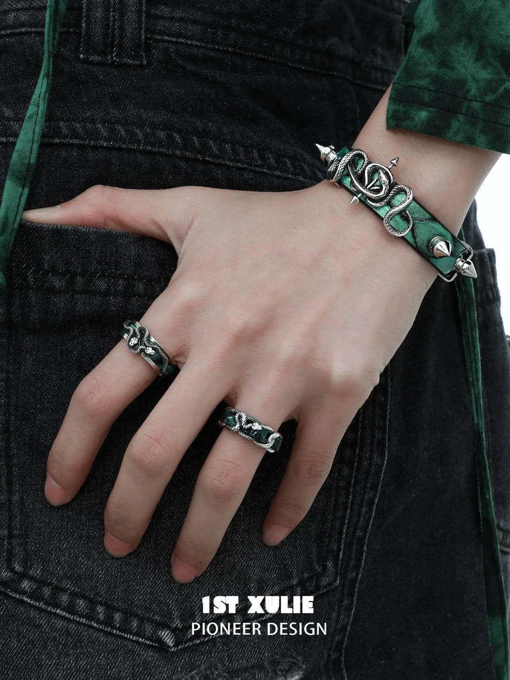 1ST XULIE "Snake Bite" Leather Couple's Ring in 925 Sterling Silver - Lifestyle Shot