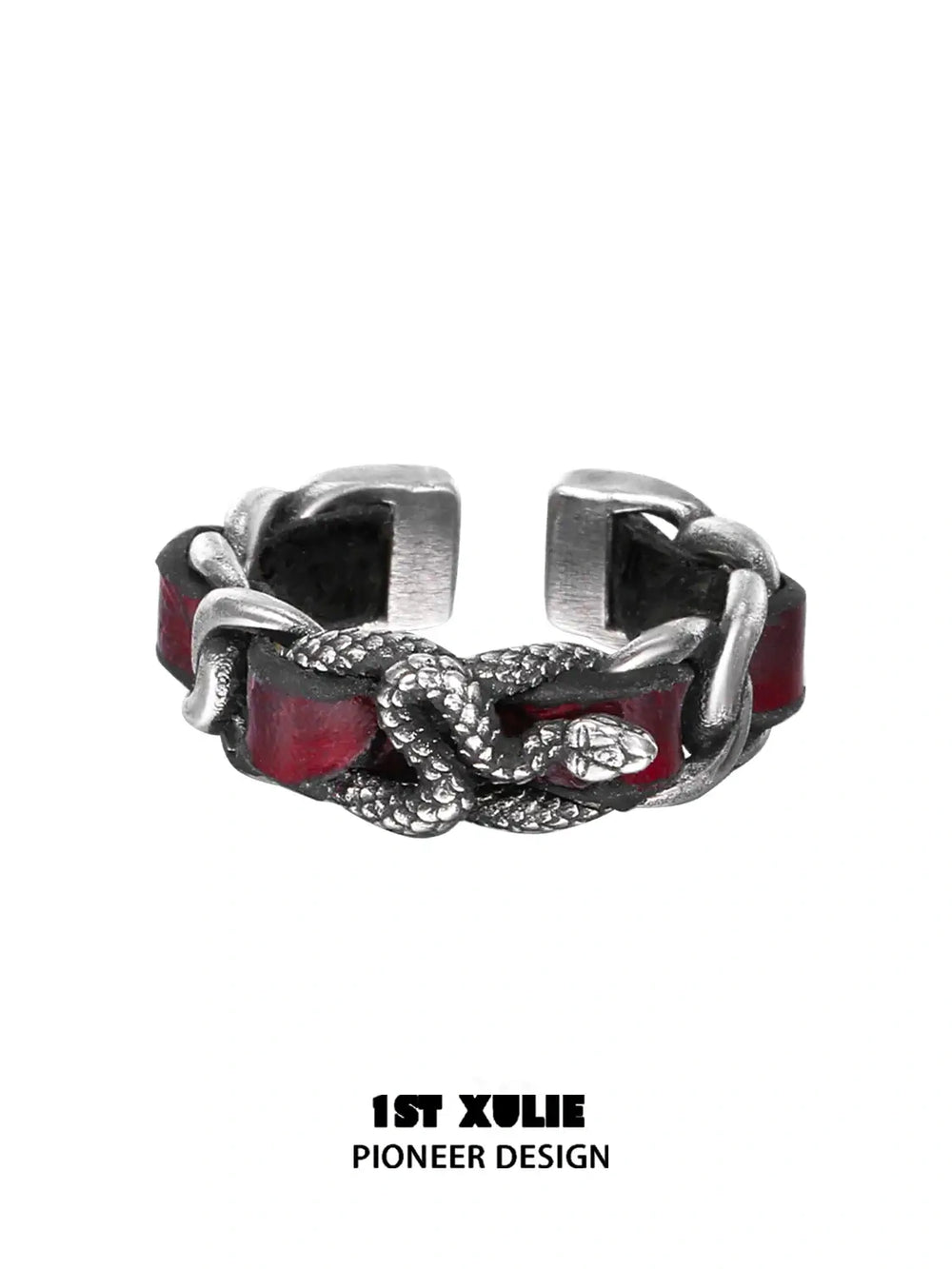 1ST XULIE "Snake Bite" Leather Couple's Ring in 925 Sterling Silver - On Model Close Up